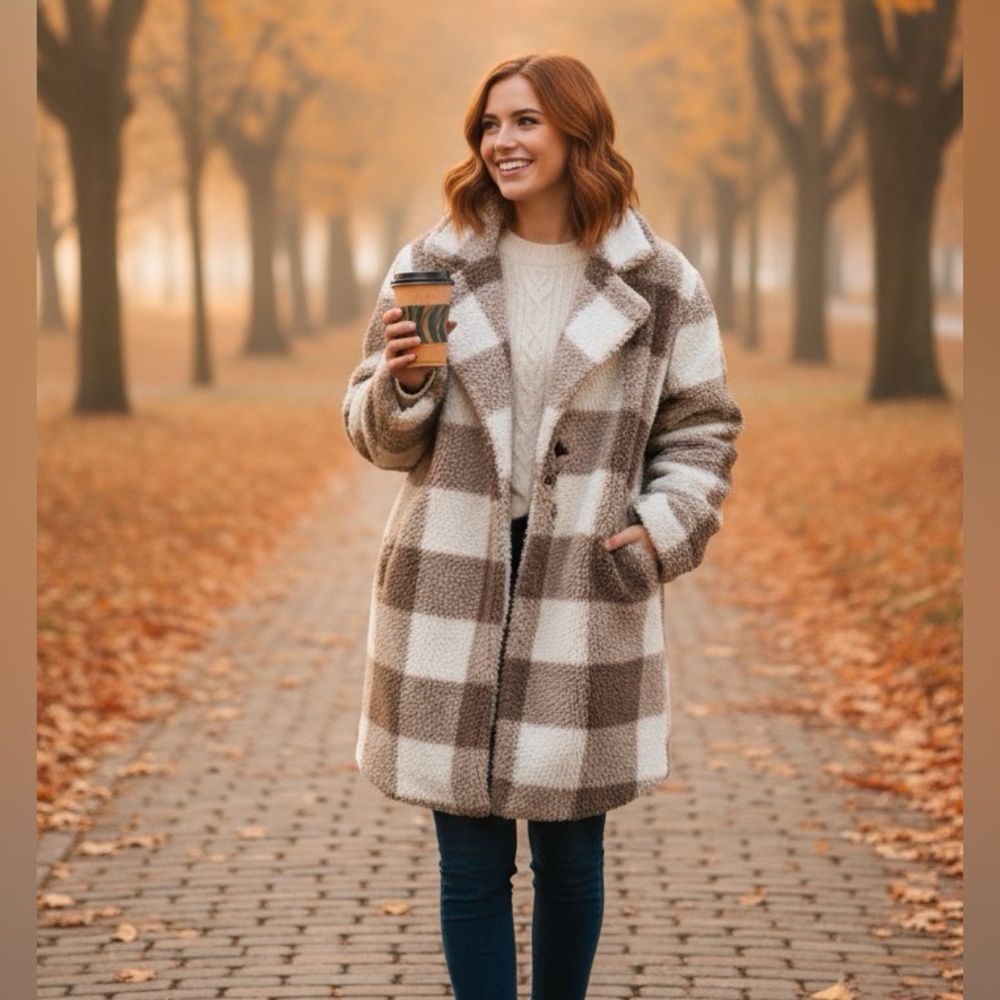 SHEIN Cream & Brown Checkered Teddy Jacket - Women’s Large